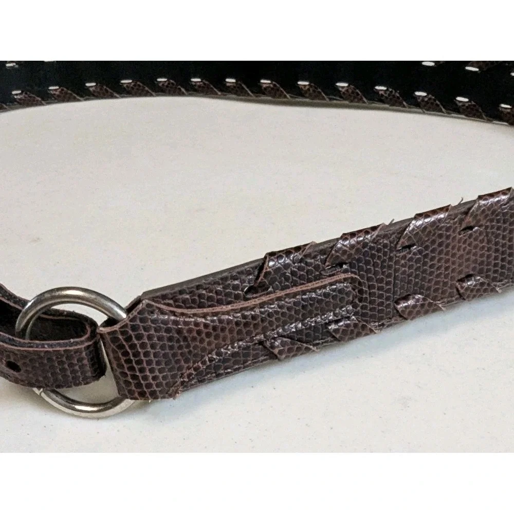 Vintage 90s Brown Lizard Embossed Braided Belt Silver O-Ring Buckle Reptile